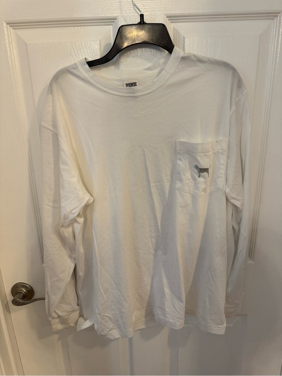 PINK Victoria's Secret Tops - PINK Victoria's Secret White Long-Sleeve Pocket Tee with Dog Logo, rainbow sleev